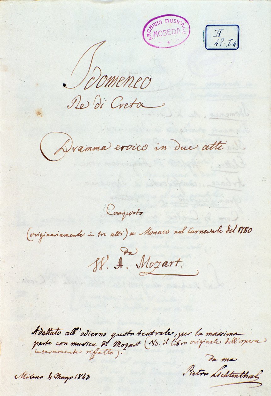 Lichtenthal Mozart „Idomeneo, Re di Creta” című művének első oldala alkotó: Peter Lichtenthal