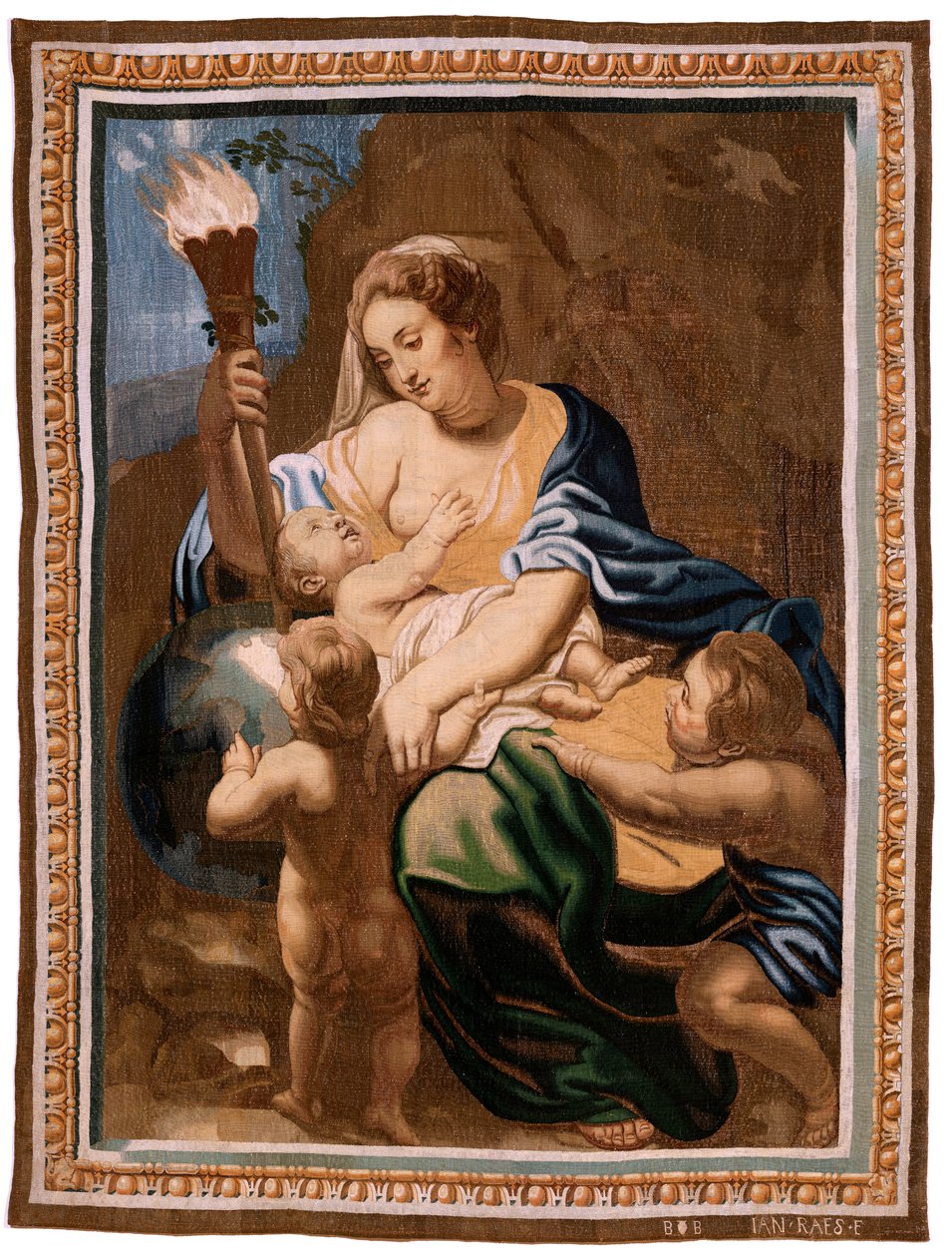 Flamand kárpit. Az Eucharisztia diadala sorozat. A világot megvilágosító jótékonyság allegóriája (Alegoría de la Caridad iluminando al mundoà. A sorozat huszadik kárpitja. Peter Paul Rubens modell. 1626-1628. Gyártás Jan II Raes, Brüsszel alkotó: Peter Paul (after) Rubens