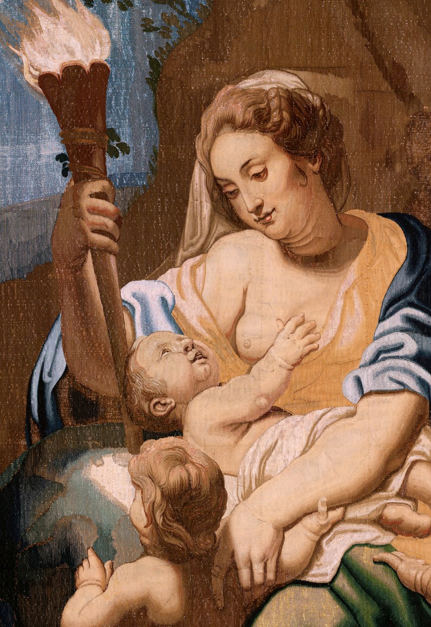 Flamand kárpit. Az Eucharisztia diadala sorozat. A jótékonyság allegóriája megvilágosítja a világot (Alegoría de la Caridad iluminando al mundoà. Huszadik kárpit a sorozatban. Peter Paul Rubens modell. 1626-1628. Gyártás Jan II Raes, Brüsszel alkotó: Peter Paul (after) Rubens