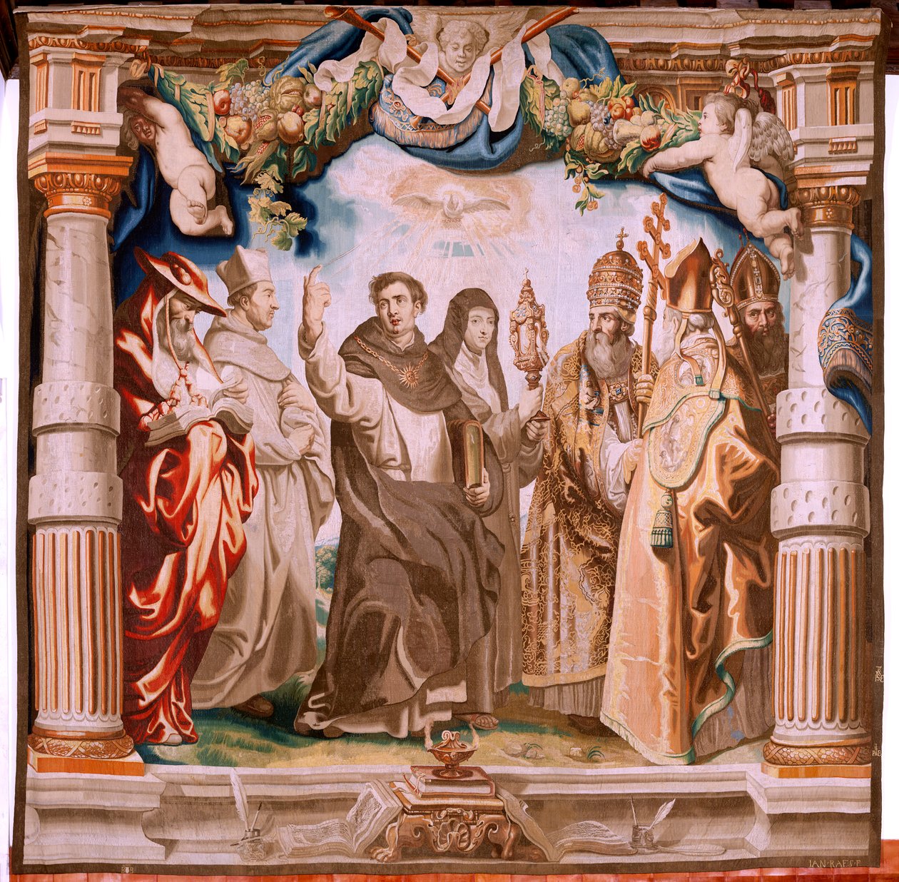 Flamand kárpit. Az Eucharisztia diadala sorozat. Az Eucharisztia védelmezői (os defensores de la Eucaristía). A sorozat tizedik kárpitja. Peter Paul Rubens modell. 1626-1628. Gyártás Jan II Raes, Hans Vervoert, Jacques Fobert, Brüsszel alkotó: Peter Paul (after) Rubens
