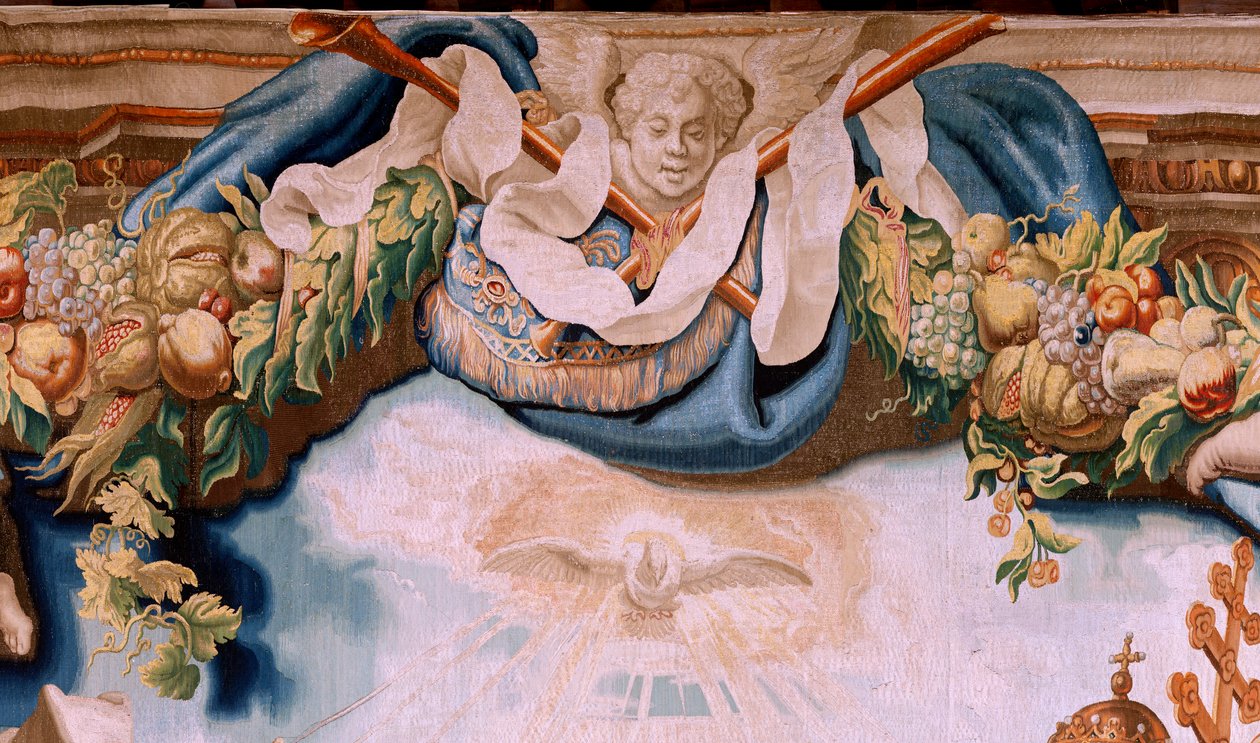 Flamand kárpit. Az Eucharisztia diadala sorozat. Az Eucharisztia védelmezői (os defensores de la Eucaristía). A sorozat tizedik kárpitja. Peter Paul Rubens modell. 1626-1628. Gyártás Jan II Raes, Hans Vervoert, Jacques Fobert, Brüsszel alkotó: Peter Paul (after) Rubens