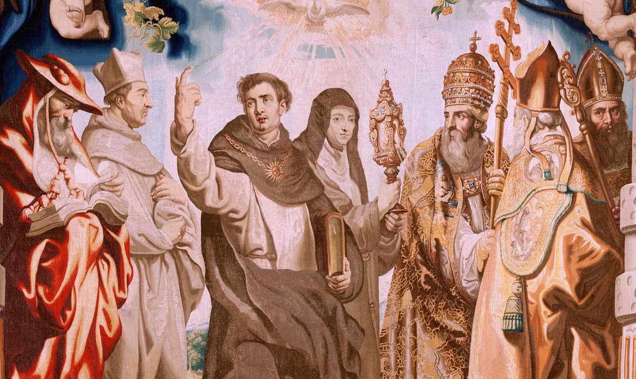 Flamand kárpit. Az Eucharisztia diadala sorozat. Az Eucharisztia védelmezői (os defensores de la Eucaristía). A sorozat tizedik kárpitja. Peter Paul Rubens modell. 1626-1628. Gyártás Jan II Raes, Hans Vervoert, Jacques Fobert, Brüsszel alkotó: Peter Paul (after) Rubens