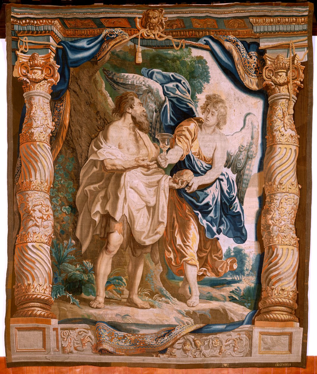 Flamand kárpit. Az Eucharisztia diadala sorozat. Illés prófétát az angyal vigasztalja (El profeta Elías confortado por el ángel). A sorozat ötödik kárpitja. Peter Paul Rubens modell. 1626-1628. Gyártás Jacob II Geubels, Brüsszel alkotó: Peter Paul (after) Rubens