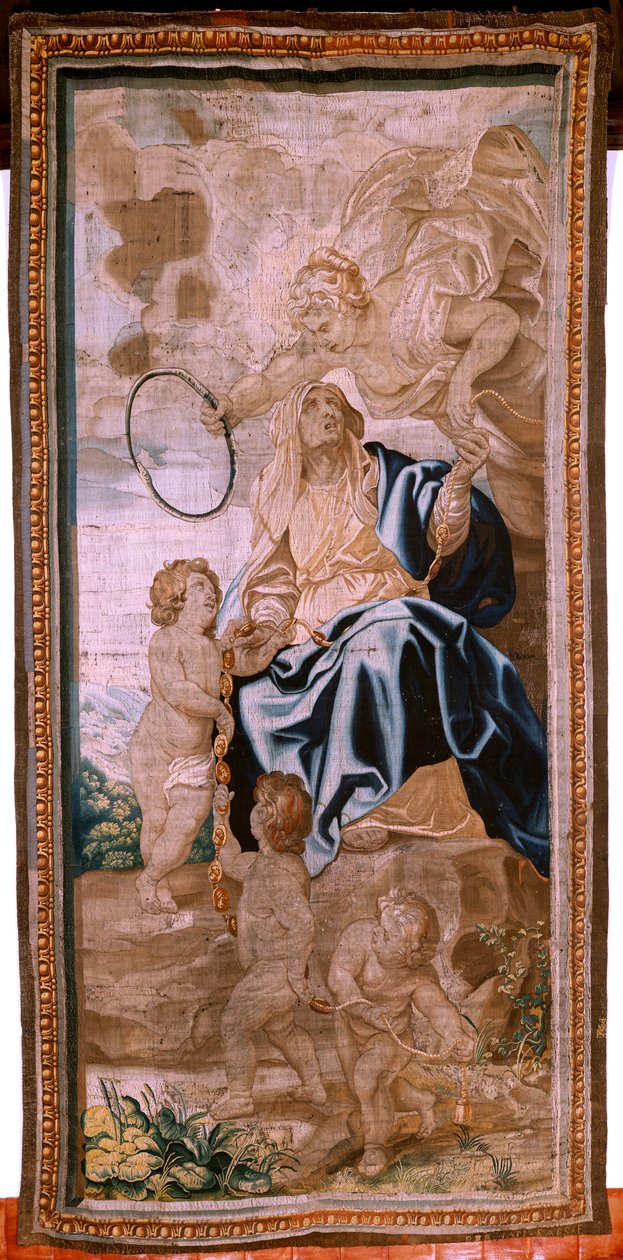 Flamand kárpit. Az Eucharisztia diadala sorozat. A pápák utódlása (La sucesión de los papas). A sorozat tizennyolcadik kárpitja. Peter Paul Rubens modell. 1626-1628. Gyártás Jan II Raes, Hans Vervoert, Brüsszel alkotó: Peter Paul (after) Rubens
