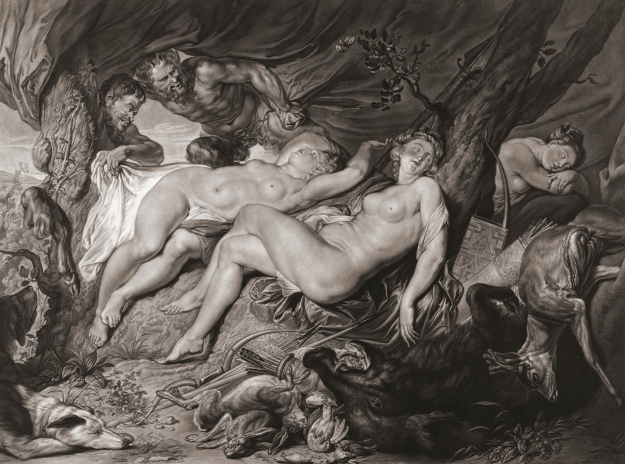 Az alvó Diana és nimfái után kémkedtek a szatírok. (nyomtatás) alkotó: Peter Paul (after) Rubens