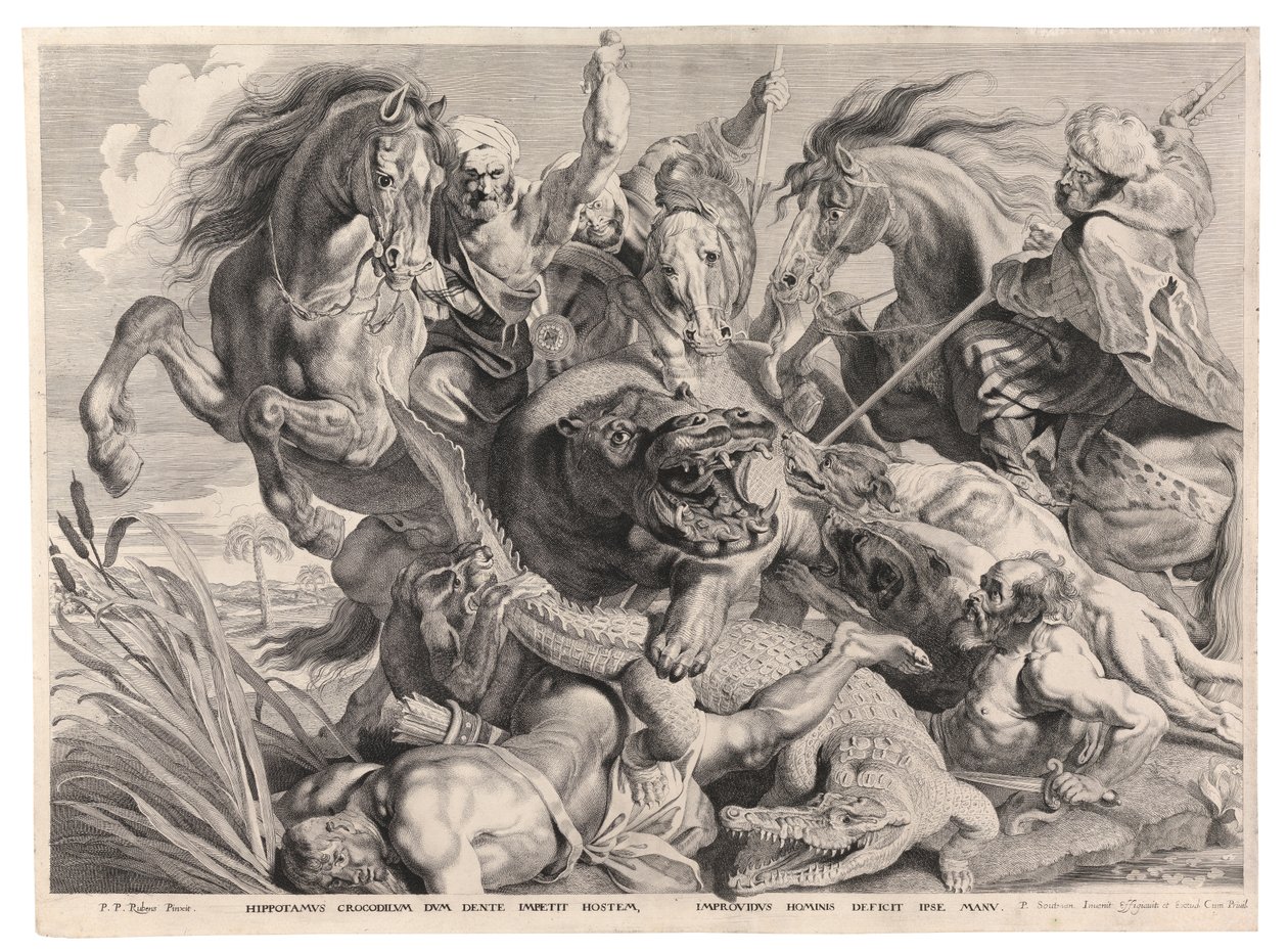 A víziló és a krokodil vadászata (metszet) alkotó: Peter Paul (after) Rubens