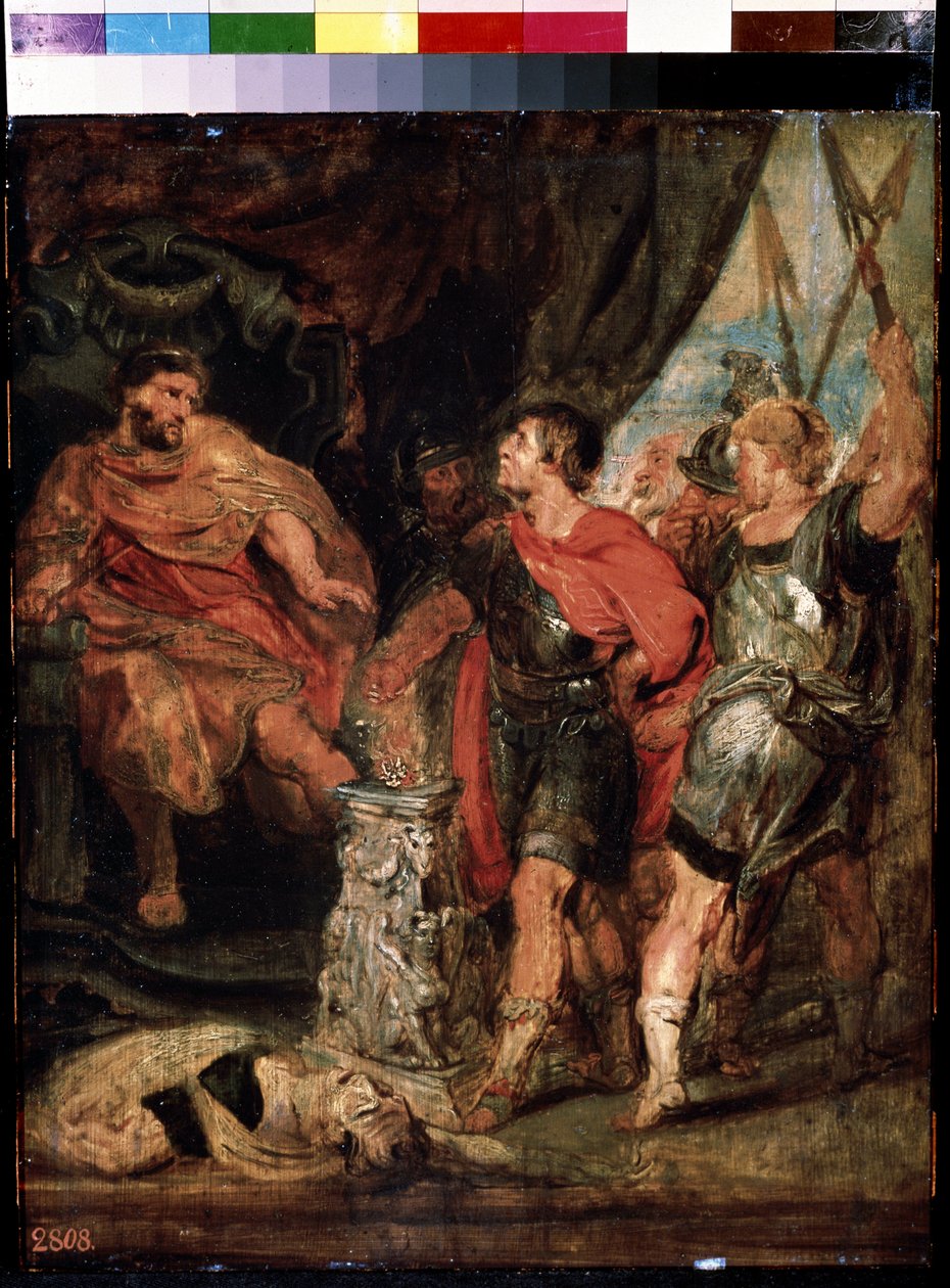Mucius Scaevola devant Porsenna (Mucius Scaevola Porsenna előtt). Caius Mucius Scaevola, jeune patrícius romák elfogása par la garde royale de Porsenna (Porsinna, Porsena) alkotó: Peter Paul (studio of) Rubens