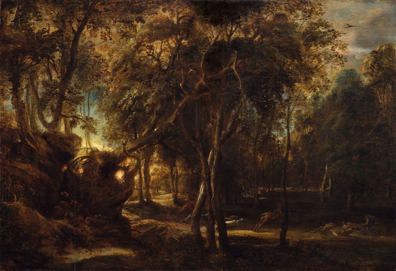 Hajnali erdő szarvasvadászattal, kb. 1635. alkotó: Peter Paul Rubens