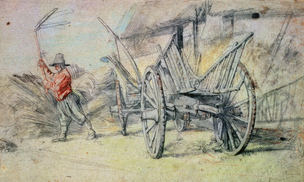 Egy férfi csépel egy mezőgazdasági kocsival az előtérben alkotó: Peter Paul Rubens