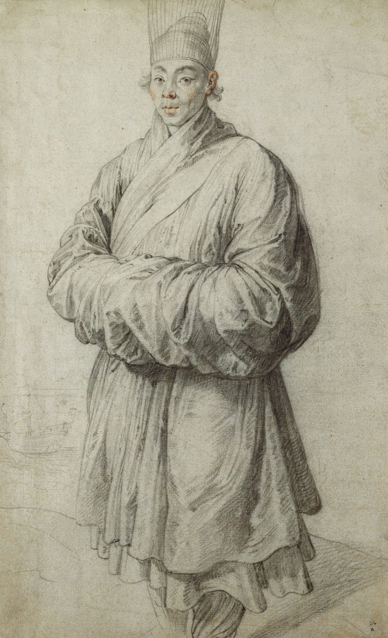 Egy férfi koreai jelmezben, átlátszó, lószőrből készült fejdíszben, majdnem teljes alakban, balra egy hajó, alkotó: Peter Paul Rubens