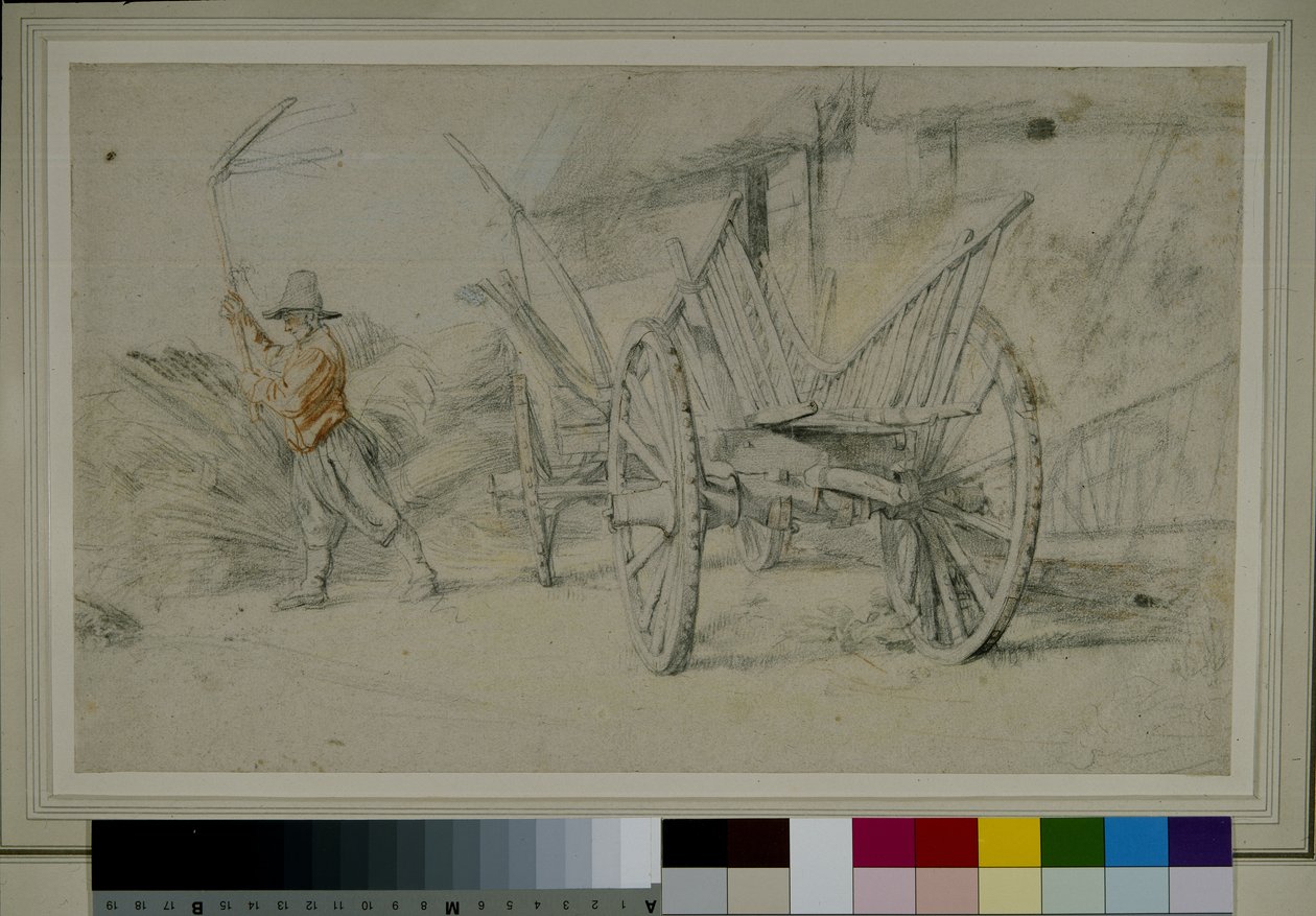 Egy férfi csépel egy kocsi mellett, mögötte gazdasági épületek alkotó: Peter Paul Rubens