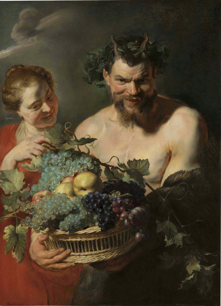 Szatír, aki egy kosár szőlőt és birsalmát tart egy nimfával, Peter Paul Rubens. alkotó: Peter Paul Rubens