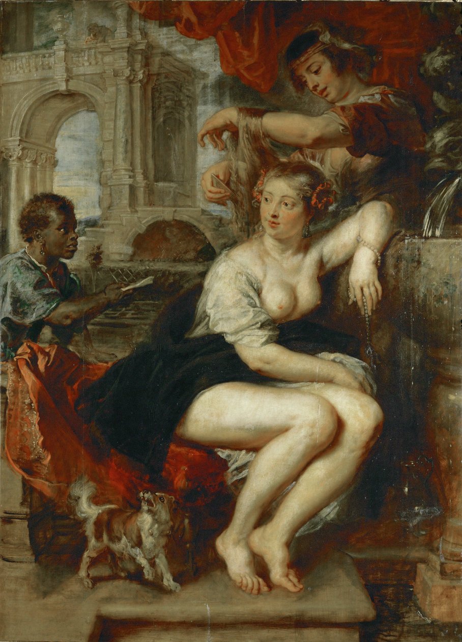 Bathseba a kútnál, egy fiú hozza Dávid király levelét (festmény tölgyfára) alkotó: Peter Paul Rubens