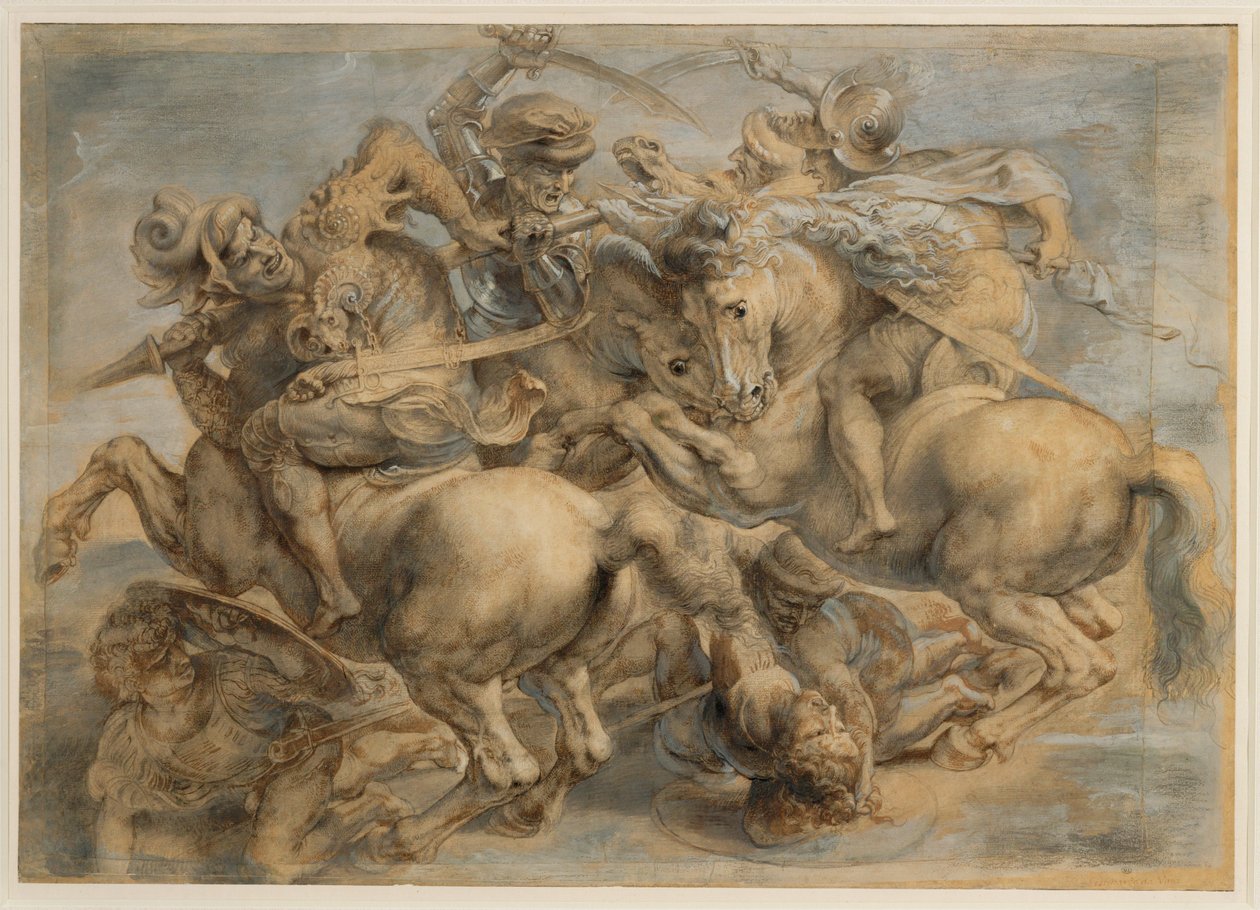 Anghiari csata (barna tinta, fekete kő, ecset, toll, gouache és ólomfehérrel javítva) alkotó: Peter Paul Rubens