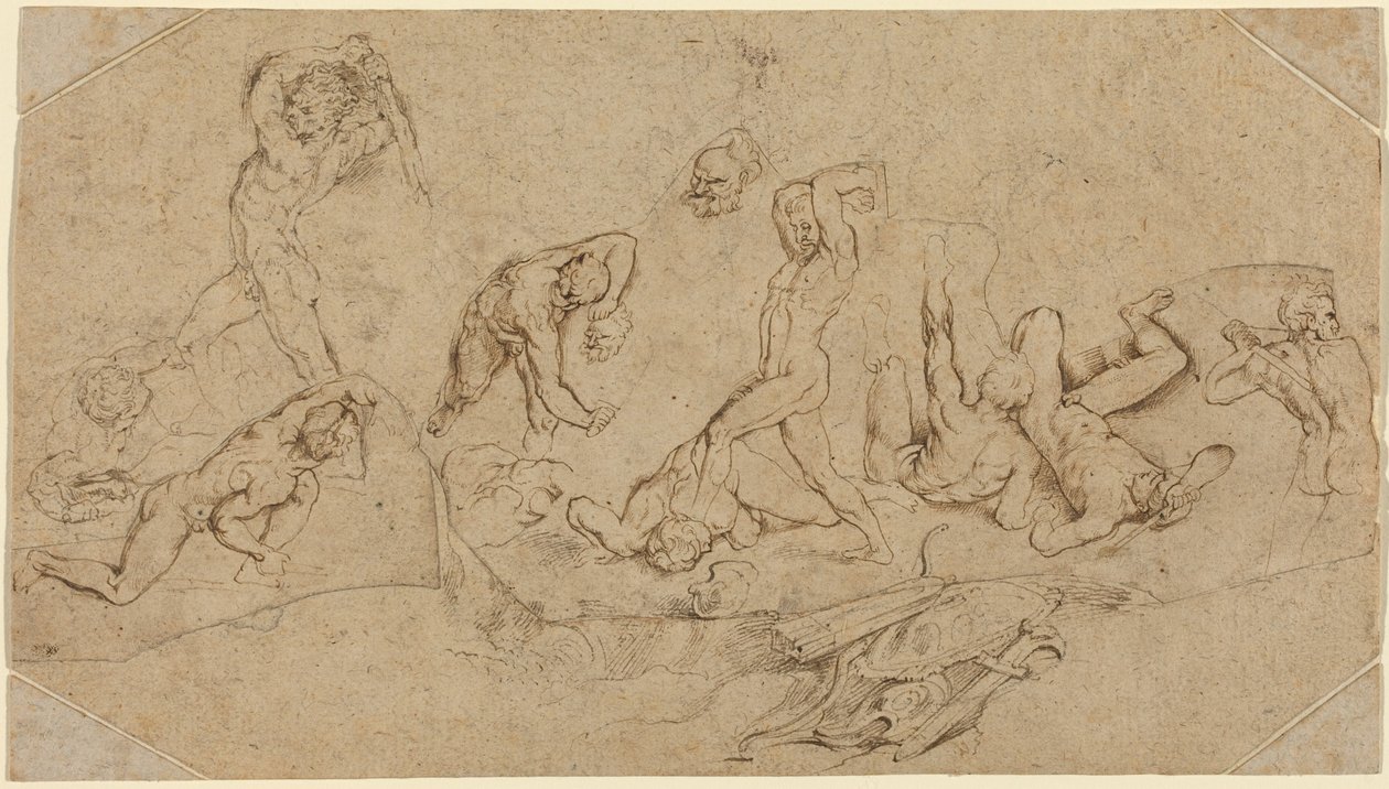Battle of Nude Men (toll és barna tinta fekete krétával, négy szabálytalanul vágott darab kétféle buff papíron; lerakva és sarokdarabokkal kiegészítve) alkotó: Peter Paul Rubens