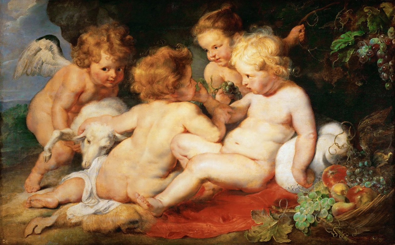 Krisztus és Keresztelő János gyermekként két angyallal - Pieter Paul Rubens (1577-1640). Olaj, fa, c. 1615-1620. Mérete: 76,5x122,3 cm. Művészettörténeti Múzeum, Vienne alkotó: Peter Paul Rubens