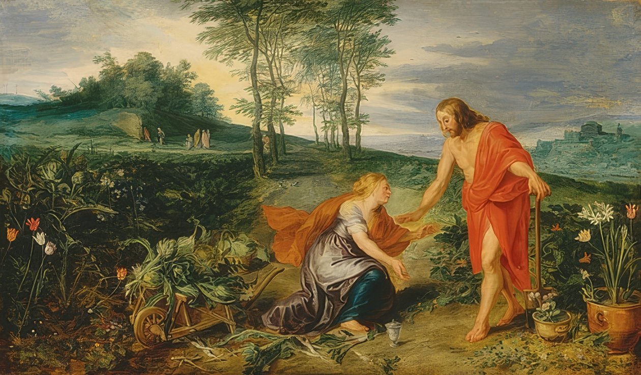 Krisztus megjelenik Mária Magdolnának húsvét reggelén (Noli me tangere). 1626 körül alkotó: Peter Paul Rubens