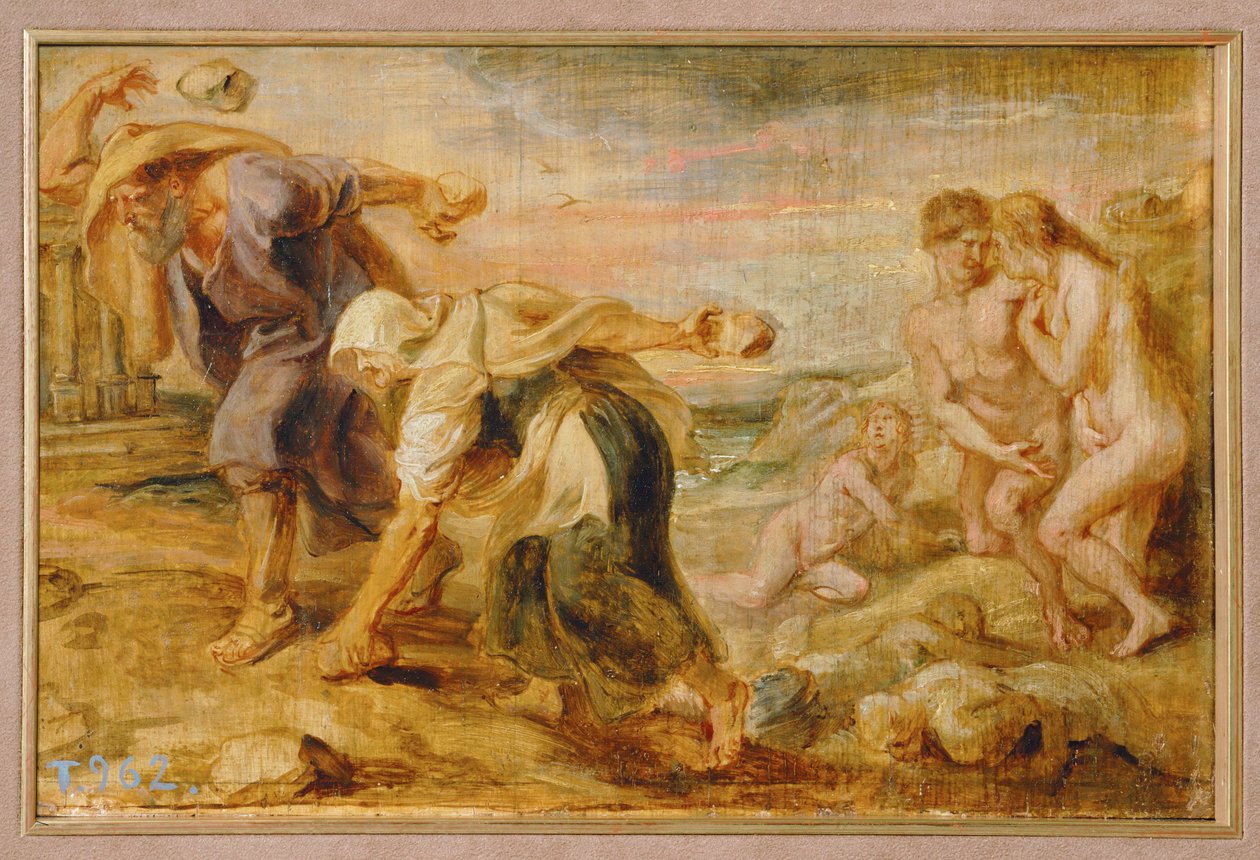 Deukalion és Pyrrha, az emberiség teremtői az első özönvíz után (festmény fára) alkotó: Peter Paul Rubens