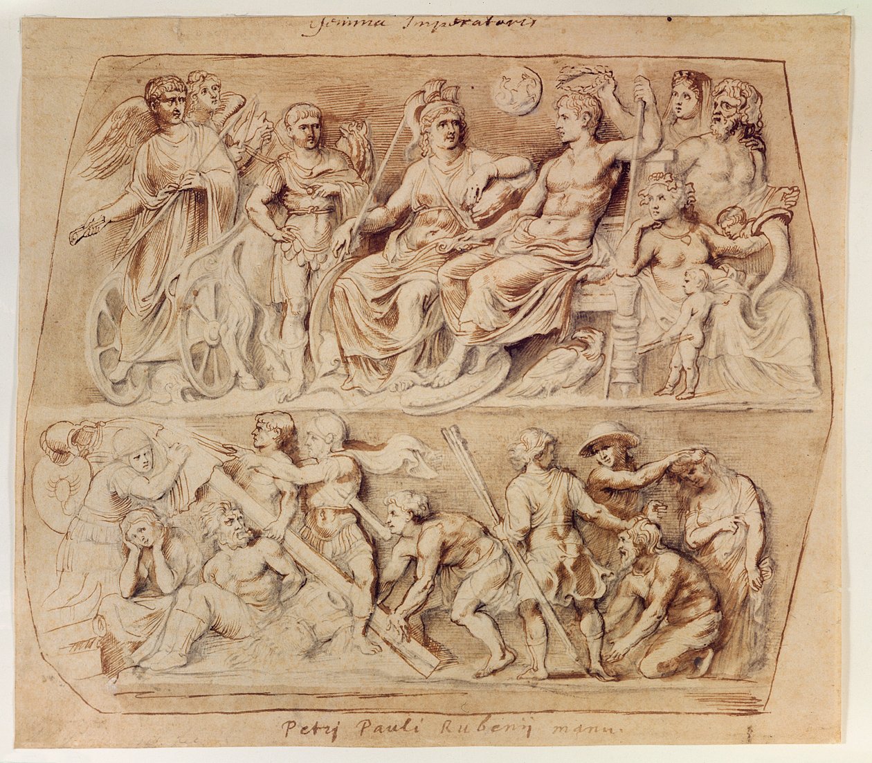 Gemma Augustea rajza (toll, tinta és ceruza papíron) alkotó: Peter Paul Rubens