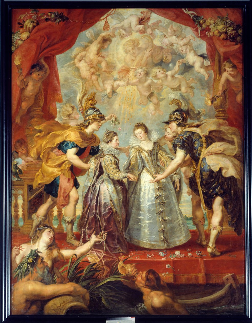 Franciaország és Spanyolország két hercegnőjének cseréje a Bidassoa folyón Hendaye-ben, 1615. 09. 11. Ausztriai Anna és XIII. Lajos házasságának allegorikus ábrázolása egyrészt Franciaország Izabella (1602-1644) és IV. Fülöp között a másikon alkotó: Peter Paul Rubens