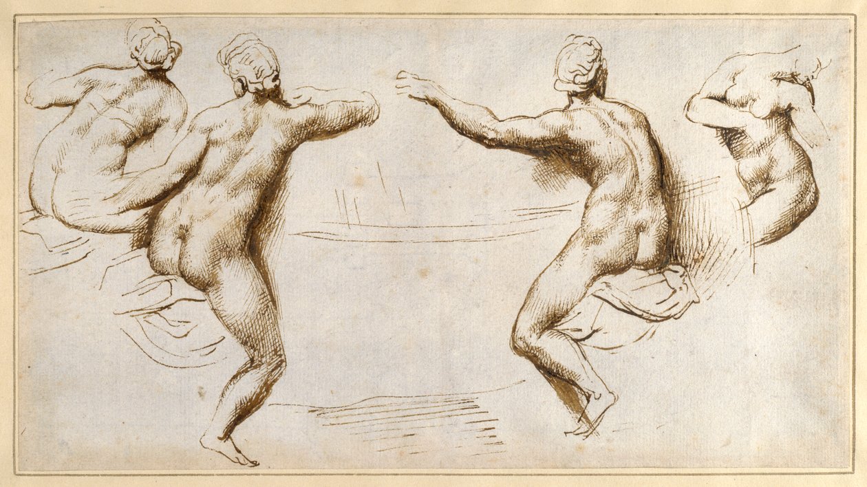 Négy női akt egy mosdó körül (toll és tinta papíron) alkotó: Peter Paul Rubens
