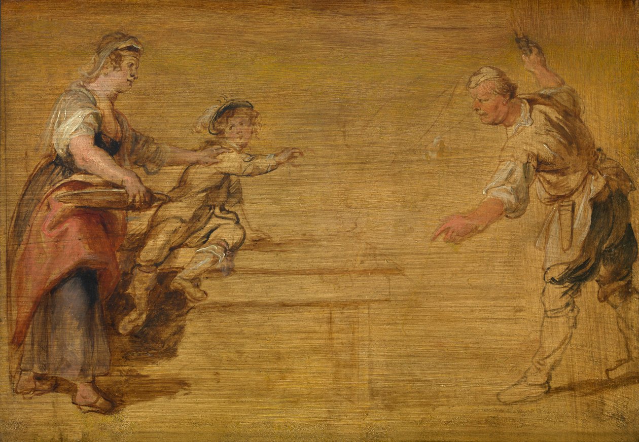 Konyhalány, hentes és fiú egy asztal körül alkotó: Peter Paul Rubens