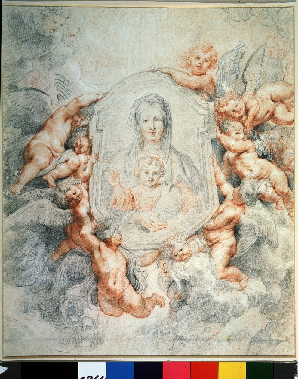Az angyalok által imádott szűz és gyermek (Madonna, akit az angyalok imádtak, Madonna della vallicella). Festészet a festészetben. Peter Paul (Pierre-Paul) Rubens (vagy Peter Paul vagy Petrus Paulus) rajza (1577-1640). Kréta és vörös kréta papíron, 40,4 x  alkotó: Peter Paul Rubens