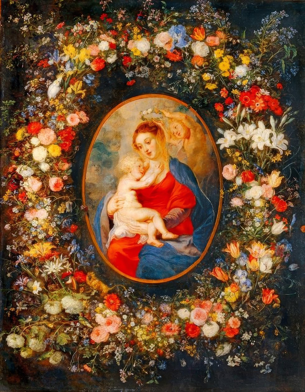 A Szűz, a csecsemő Jézus és az angyalok virágfüzér közepén alkotó: Peter Paul Rubens