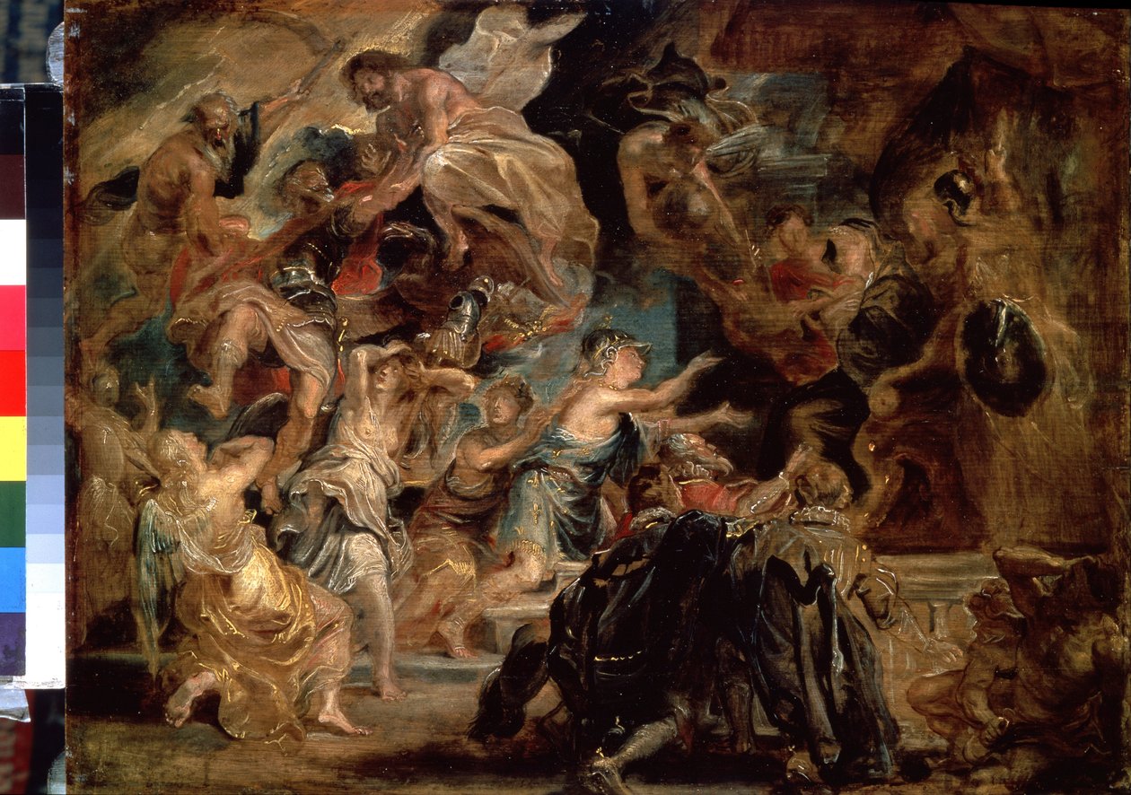 Henrik halála (1553-1610) és a kormányzóság kikiáltása (IV. Henrik halála és a kormányzóság kikiáltása). Peter Paul (Pierre-Paul) Rubens (vagy Peter Paul vagy Petrus Paulus) festménye (1577-1640). Olaj, fa, 48 x 65 cm alkotó: Peter Paul Rubens
