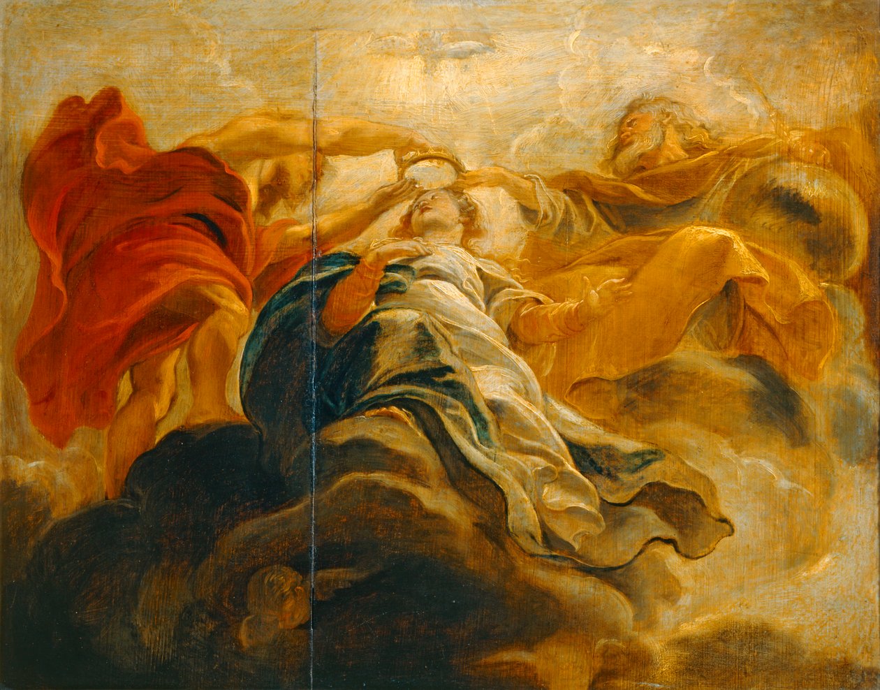 Szűz Mária megkoronázása az Atyaisten és Jézus Krisztus által (festmény, fa) alkotó: Peter Paul Rubens