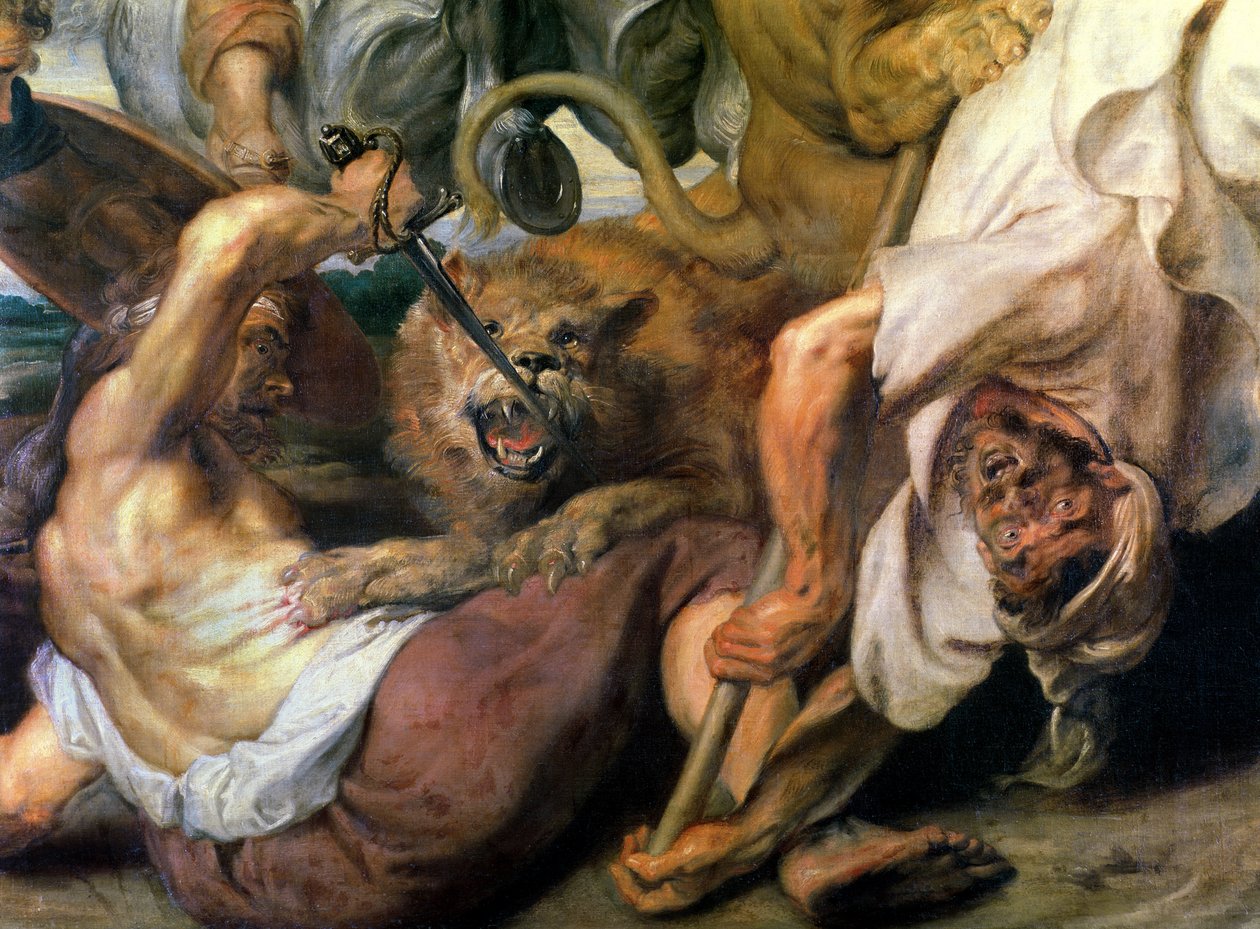 Oroszlánvadászat, részlet két emberről és egy oroszlánról, 1621 alkotó: Peter Paul Rubens