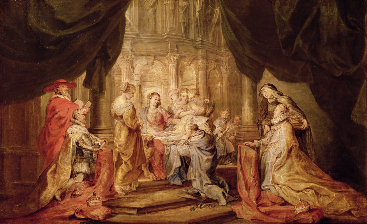 Mária, Ildefonsónak, Toledó érsekének ruháját ajándékozza VII. Albrecht főherceggel és védőszentjével, Lowen-i Alberttel a bal oldalon, Isabella Claira Eugenia csecsemővel és védőszentjével, a bal oldalon (az oltár vázlata alkotó: Peter Paul Rubens