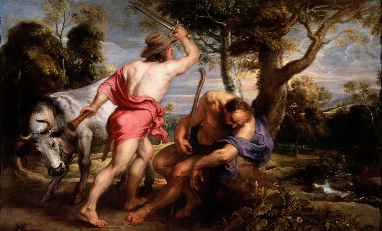 ""Merkúr és Argus"" Merkúrt Zeusz utasítja, hogy altassa el Arguszt, Io őrzőjét, akit Héra üszővé alakított át (Mercury és Argus) Pieter Paul Rubens (1577-1640) festménye 1636-1638 Mérete 180x298 cm Prado Múzeum, Madrid alkotó: Peter Paul Rubens