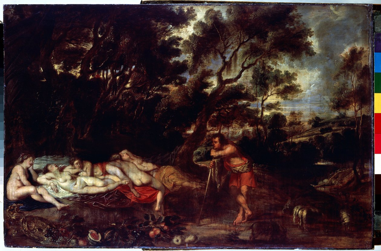 Táj Cimonnal és Iphigeniával (Táj Cymonnal és Iphigeniával). Peter Paul (Pierre-Paul) Rubens (vagy Peter Paul vagy Petrus Paulus) festménye (1577-1640). Olaj, fa, 49 x 73 cm. Flamand művészet, barokk művészet. Ermitázs Múzeum, Szentpétervár. alkotó: Peter Paul Rubens