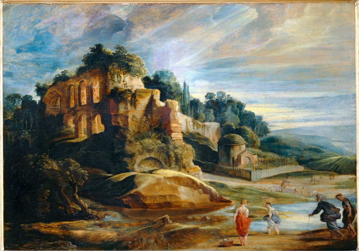 Tájkép a római Palatinus hegy romjaival (festmény fára) alkotó: Peter Paul Rubens