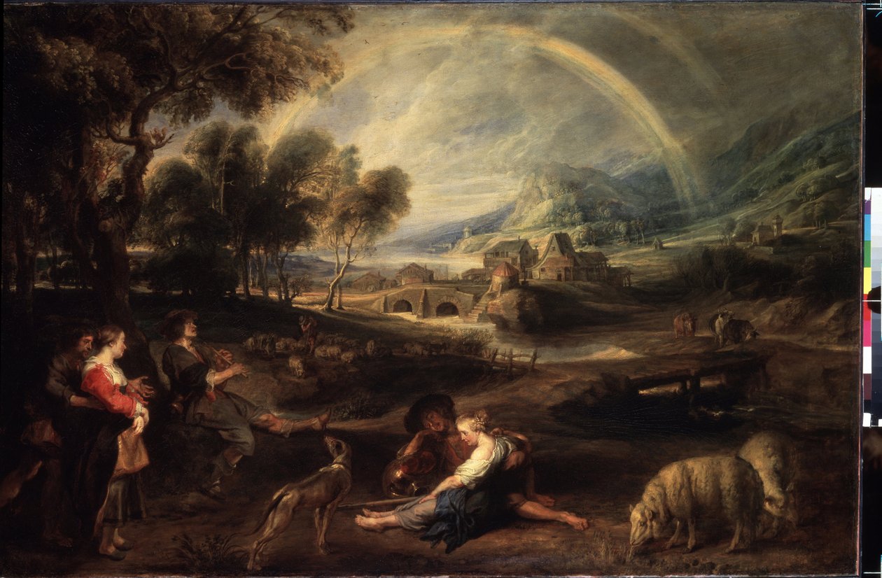 Táj a szivárvány. Peter Paul (Pierre-Paul) Rubens (vagy Peter Paul vagy Petrus Paulus) festménye (1577-1640). Olaj, vászon, 86 x 130 cm, 1630 eleje. Flamand művészet, barokk művészet. Ermitázs Múzeum, Szentpétervár. alkotó: Peter Paul Rubens