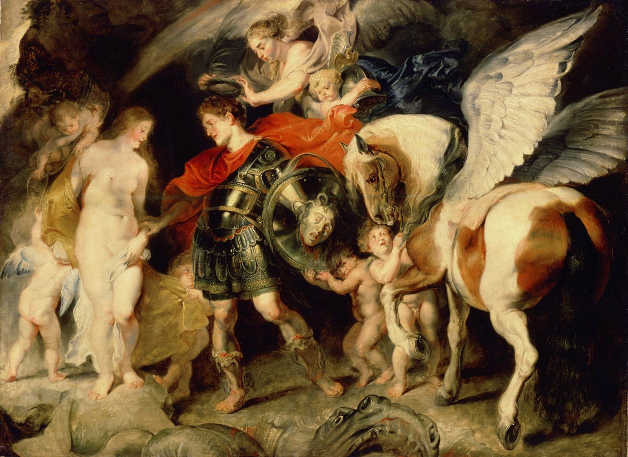 ""Perseus and Andromeda"" (Perseus and Andromeda) A sziklához láncolt Andromédát Persee szállítja Pagasus kíséretében. Pajzsán Medúza feje, akit megölt. Pierre Paul (Pierre-Paul) Rubens (vagy Peter Paul vagy Petrus Paulus) festménye (1 alkotó: Peter Paul Rubens