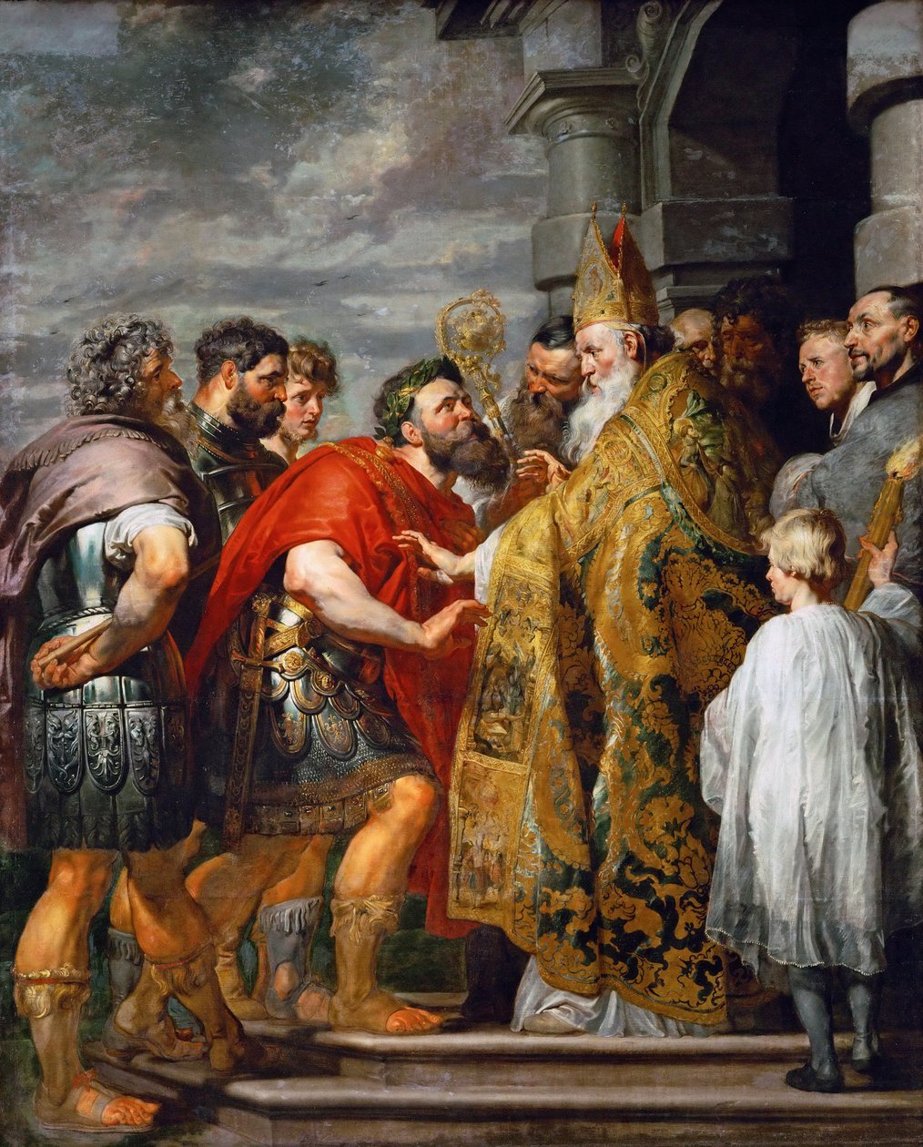 Milánói Szent Ambrus (meghalt 397-ben) és I. Nagy Theodosius császár (347-395) - Szent Ambrus és I. Theodosius császár - Pieter Paul Rubens (1577-1640). Olaj, vászon, c. 1615. Méretek: 362x246 cm. Művészettörténeti Múzeum, Bécs alkotó: Peter Paul Rubens