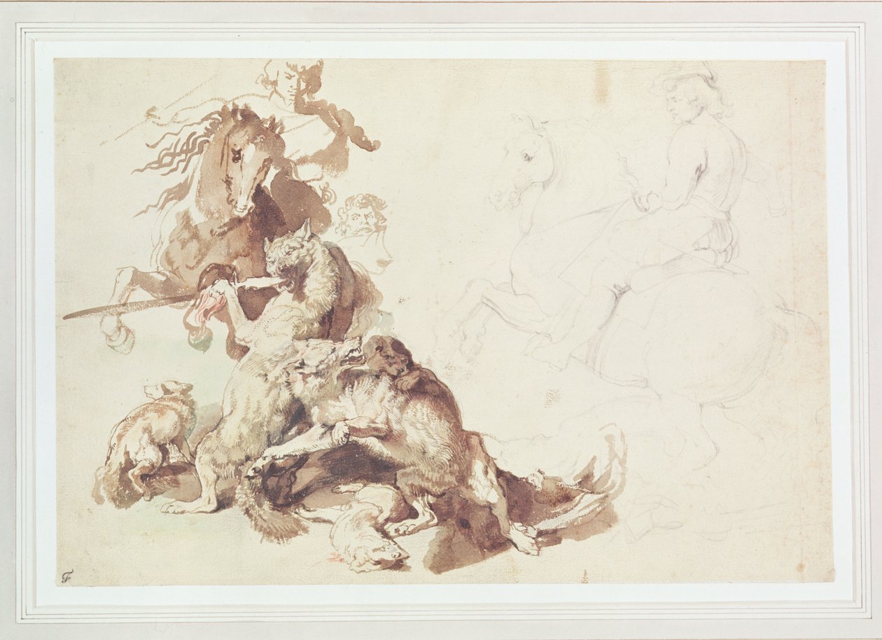 Vázlat a farkasvadászathoz (ceruza akvarellel papíron) alkotó: Peter Paul Rubens