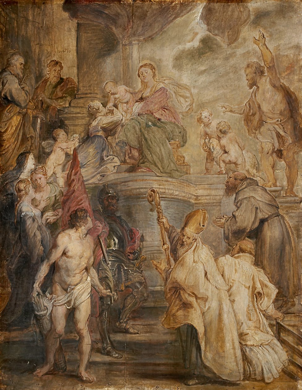 Szent Katalin misztikus eljegyzése (színes vázlat az antwerpeni ágostonos atyák templomának oltárához), verso: két lovascsata alkotó: Peter Paul Rubens