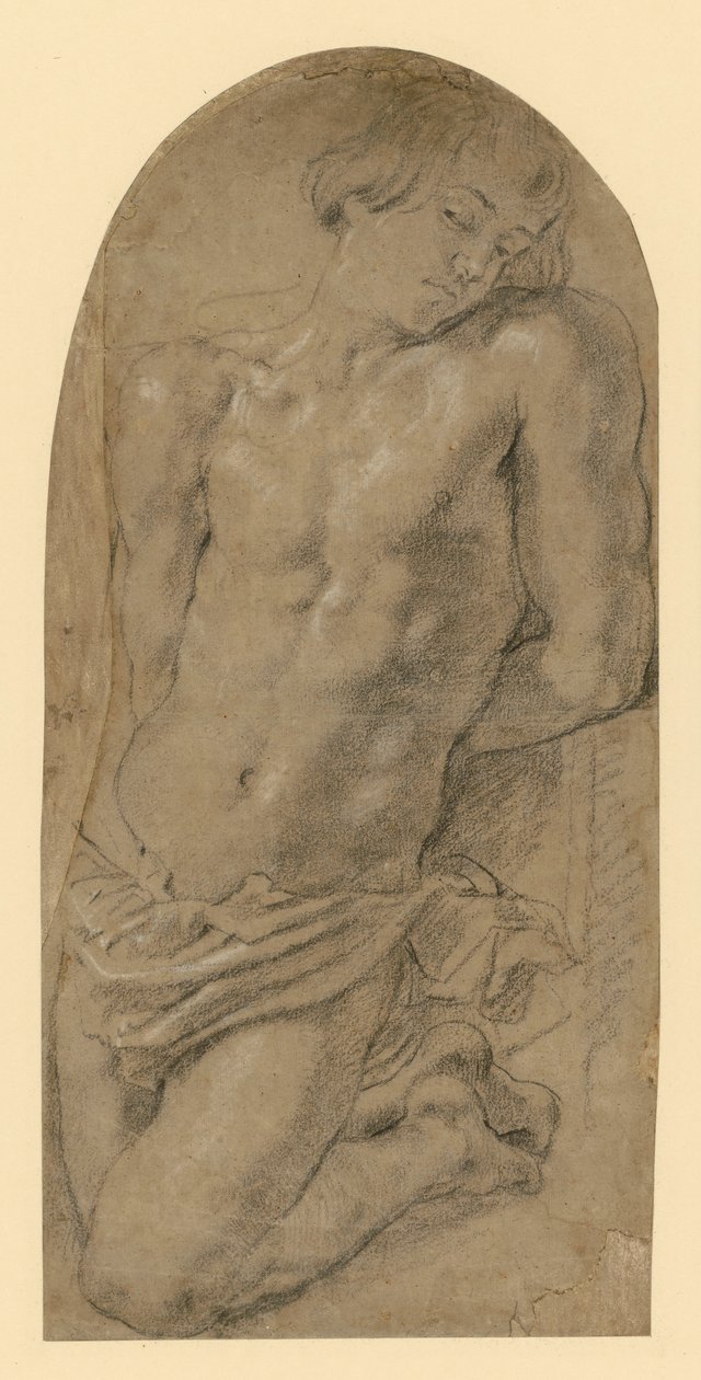 Fiatal férfi térdel balra, kezei hátrakötve a háta mögött. (Előzetes tanulmány Izsákhoz az "Ábrahám áldozata" című festményen.) alkotó: Peter Paul Rubens