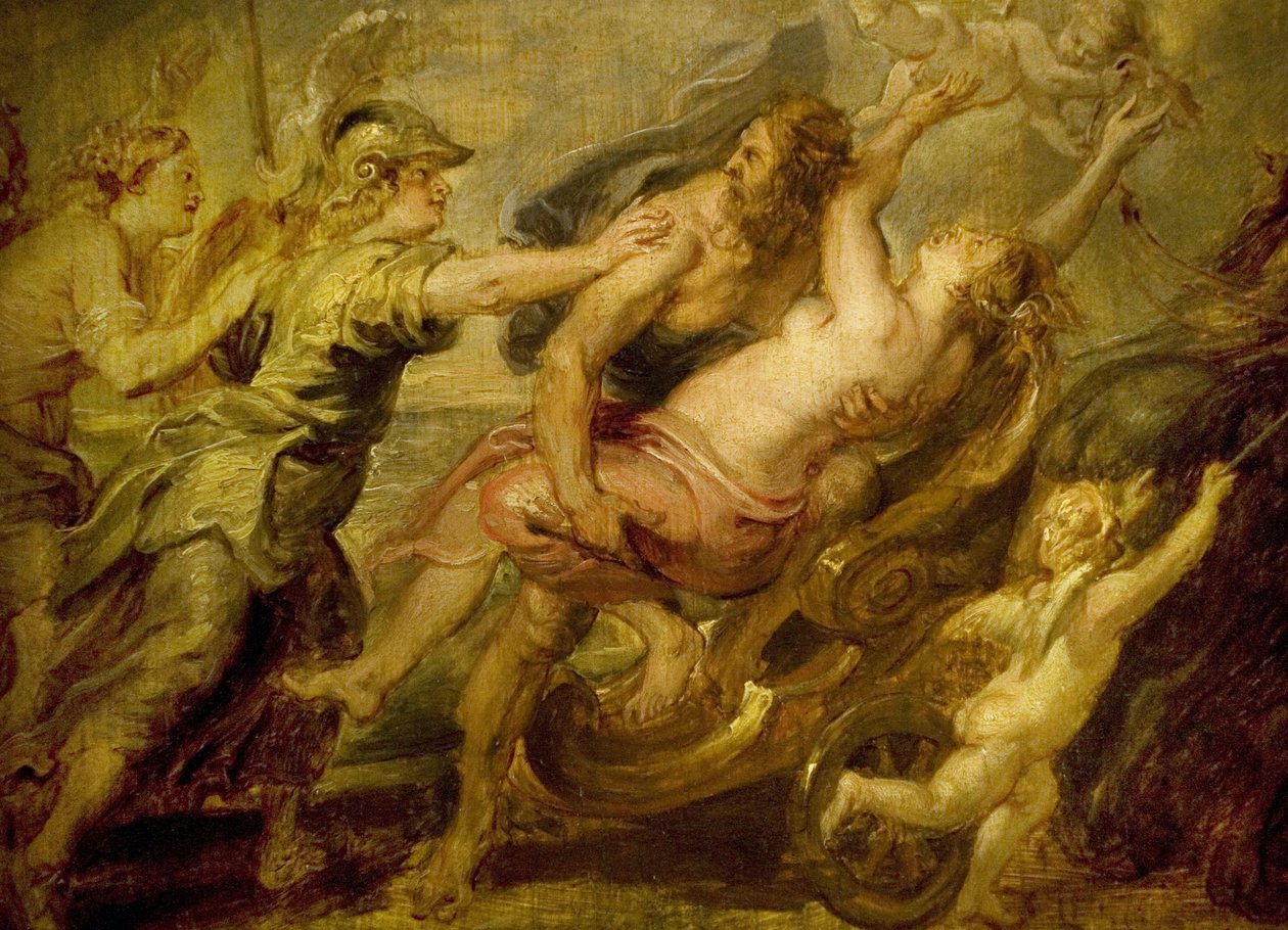 Proserpine elrablása 1636 körül, Pierre Paul (Pierre-Paul) Rubens (vagy Peter Paul vagy Petrus Paulus) (1577-1640), Proserpine, az évszakok római istennője, akit az alvilág istene Plútó elrabolt, hogy feleségül vegye; Minerve, Venus és Diane megpróbálják alkotó: Peter Paul Rubens