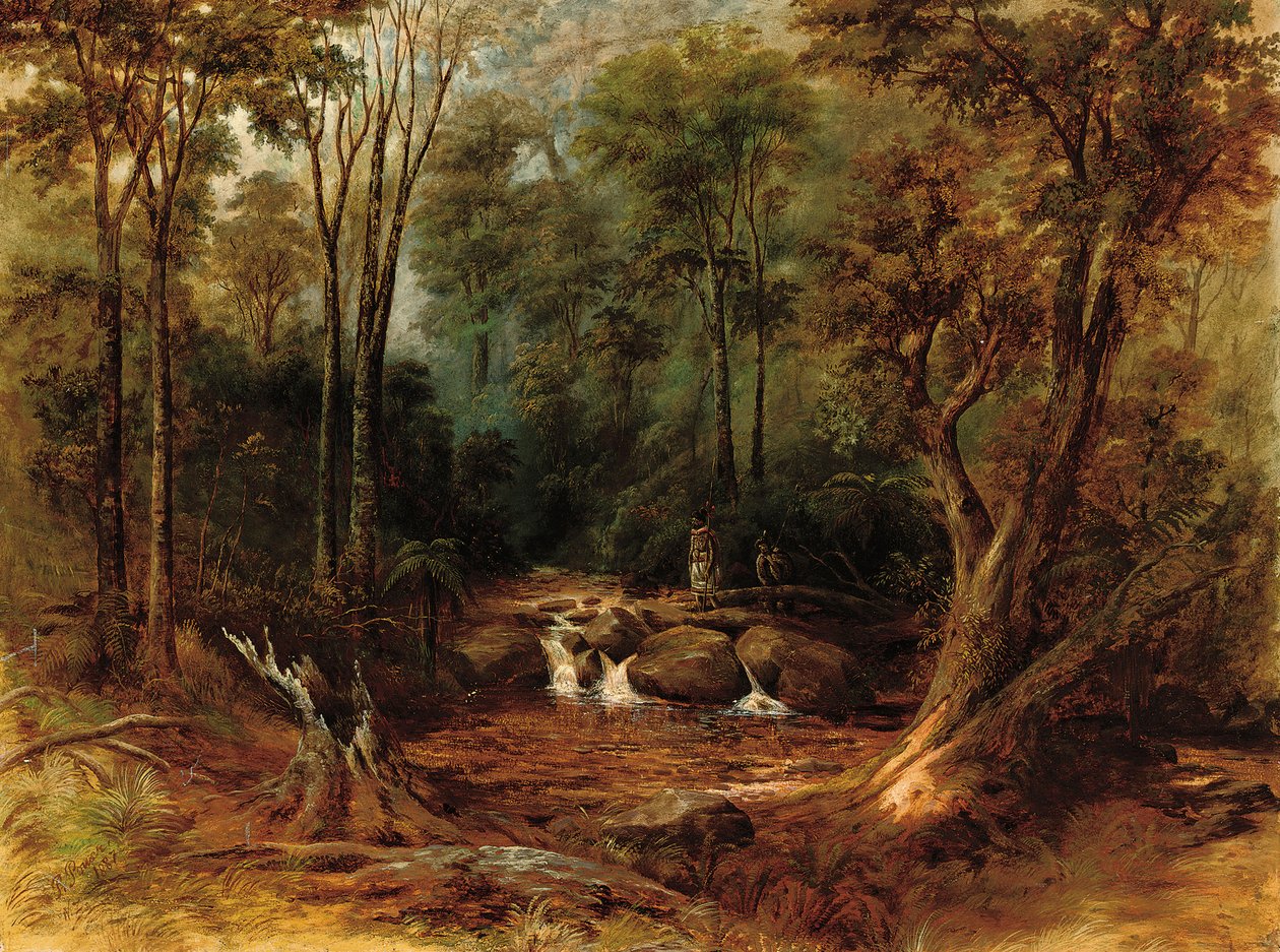Erdei patakon átkelő maorik, 1887 alkotó: Peter Power