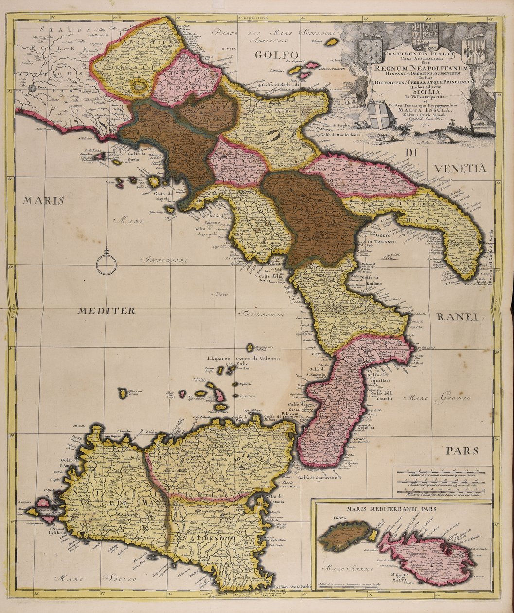 Continentis Italiae pars australior sive regnum Neapolitanum Hispaniae obediens subdivisum in suos districtus terras atque principatus quibus adjectae Sicilia in valles tripartita et contra Turcas ejus propugnaculum Malta insula alkotó: Peter Schenk the Elder