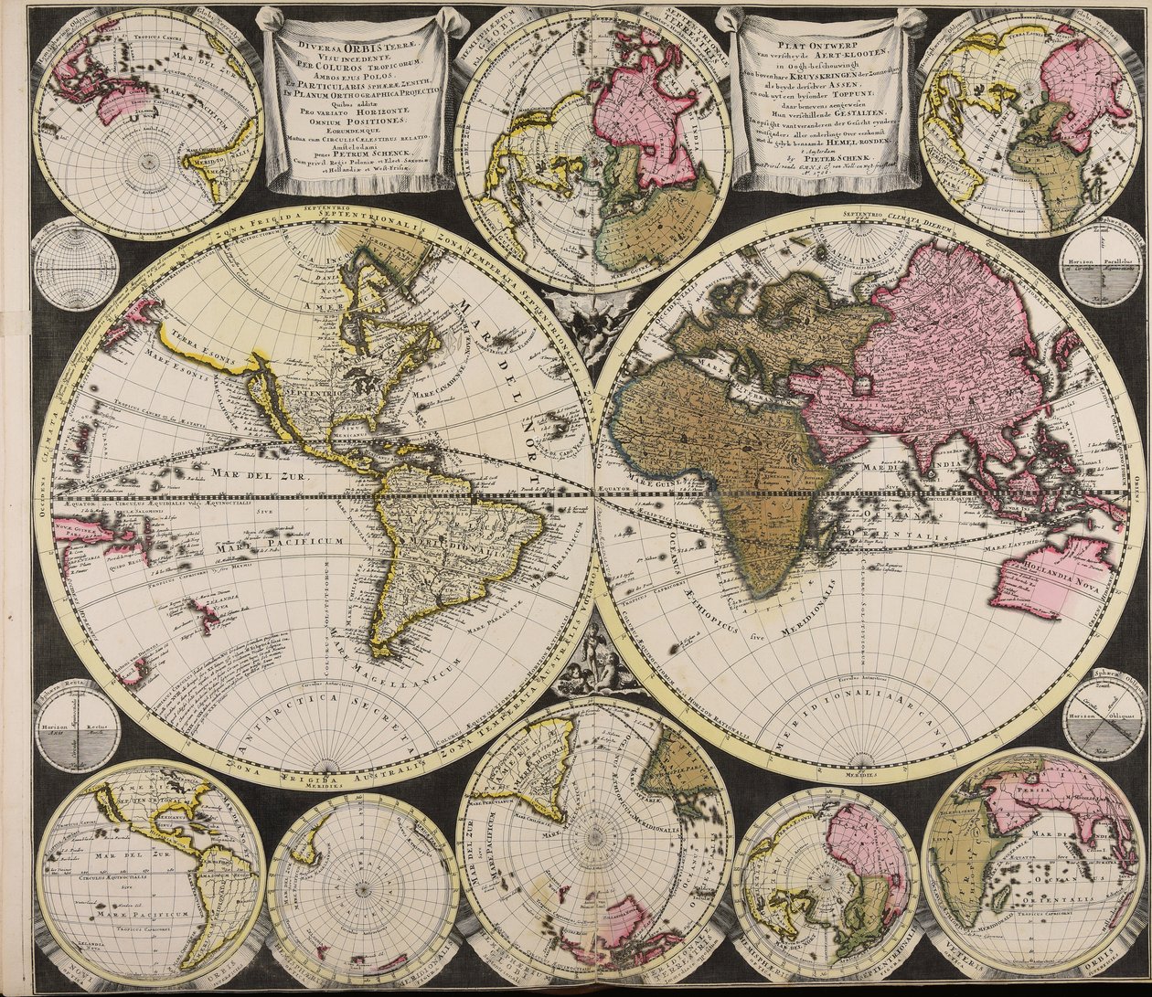 Diversa orbis Terrae visu incedente per coluros Tropicorum ambos ejus polos et particularis sphaerae zenit in planum orthographica projectio quibus additae pro variato horizonte omnium positiones eorumdemque mutua cum circulis caelestibus relatio  Plat O alkotó: Peter Schenk the Elder