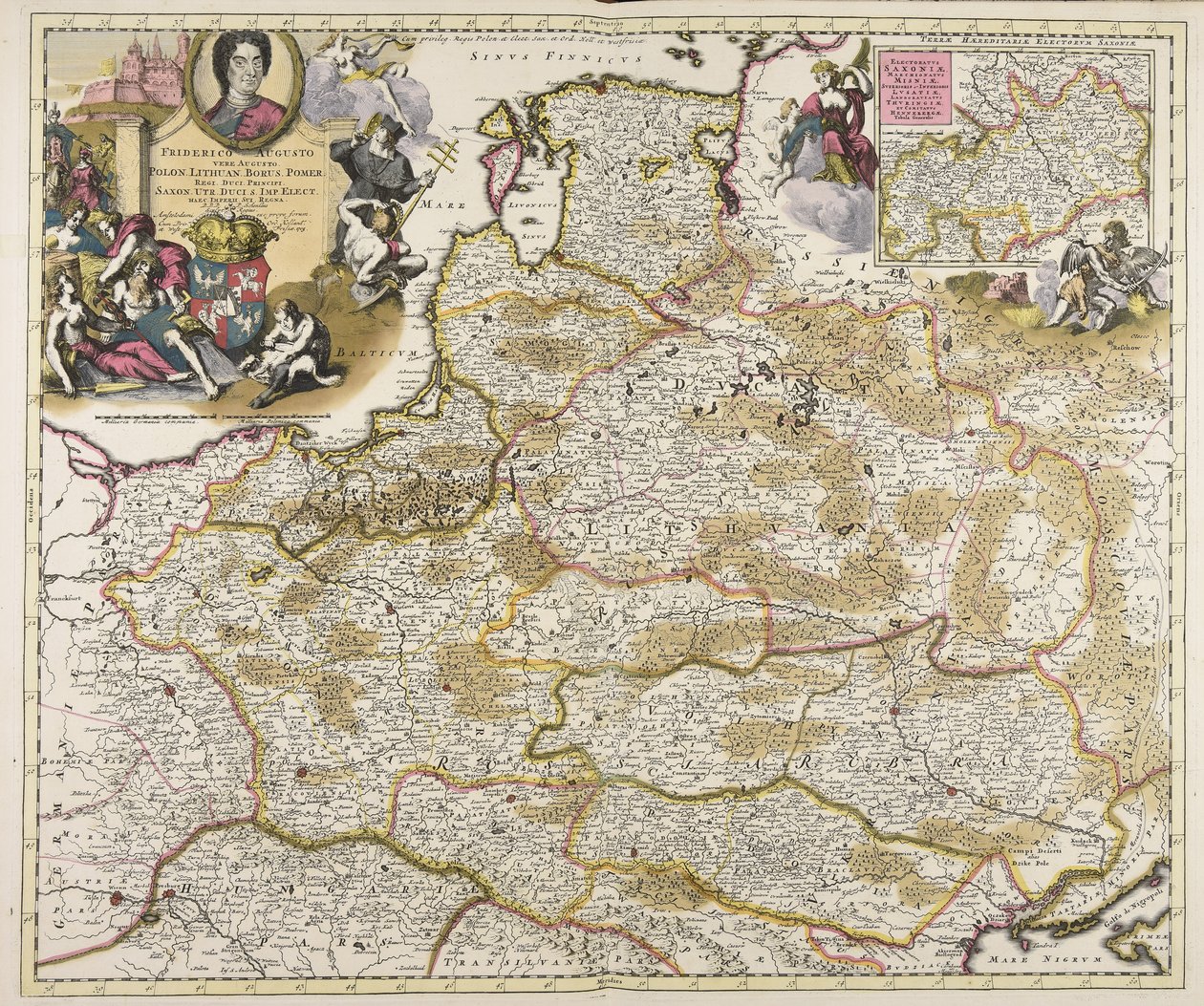Friderikusz Augustus unokatestvére Augustus Polon. Litvánia. Borus. Pomer. királyok hercegek hercegek szászok. Utr. hercegek S. Imp. elect. haec imperii sui regna D.D.D. P. Schenkius sculpt. regius Amstelodami exc. prope forum alkotó: Peter Schenk the Elder