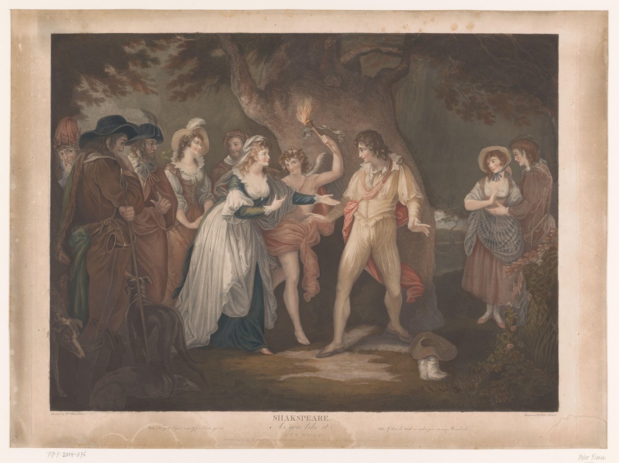 Rosalind verrast Orlando in het bos Shakespeare. Ahogy tetszik (cím a tárgyon) alkotó: Peter Simon