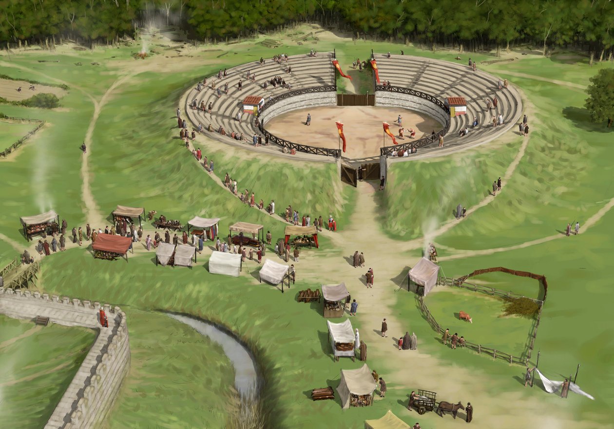 A nézők megérkeznek a Silchester római városi amfiteátrumba, c250 AD, c1990-2010 alkotó: Peter Urmston