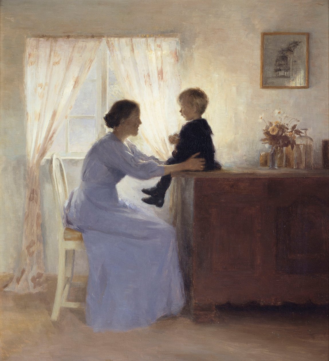 Anya és gyermeke egy belső térben alkotó: Peter Vilhelm Ilsted