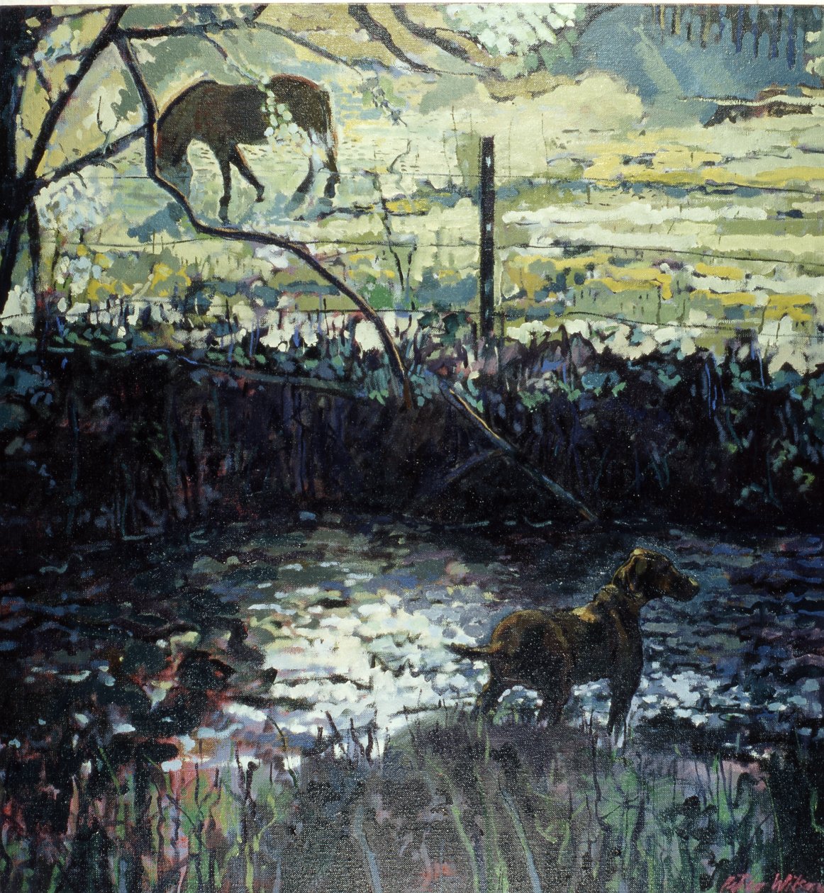 Póni és kutya a mezőn, 2000 (olaj, vászon) alkotó: Peter Wilson